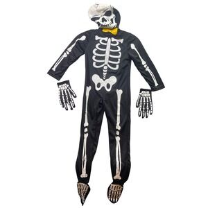 Skeleton Costume Kids Small One‎ Piece Gloves Halloween Cosplay Full Face Hood